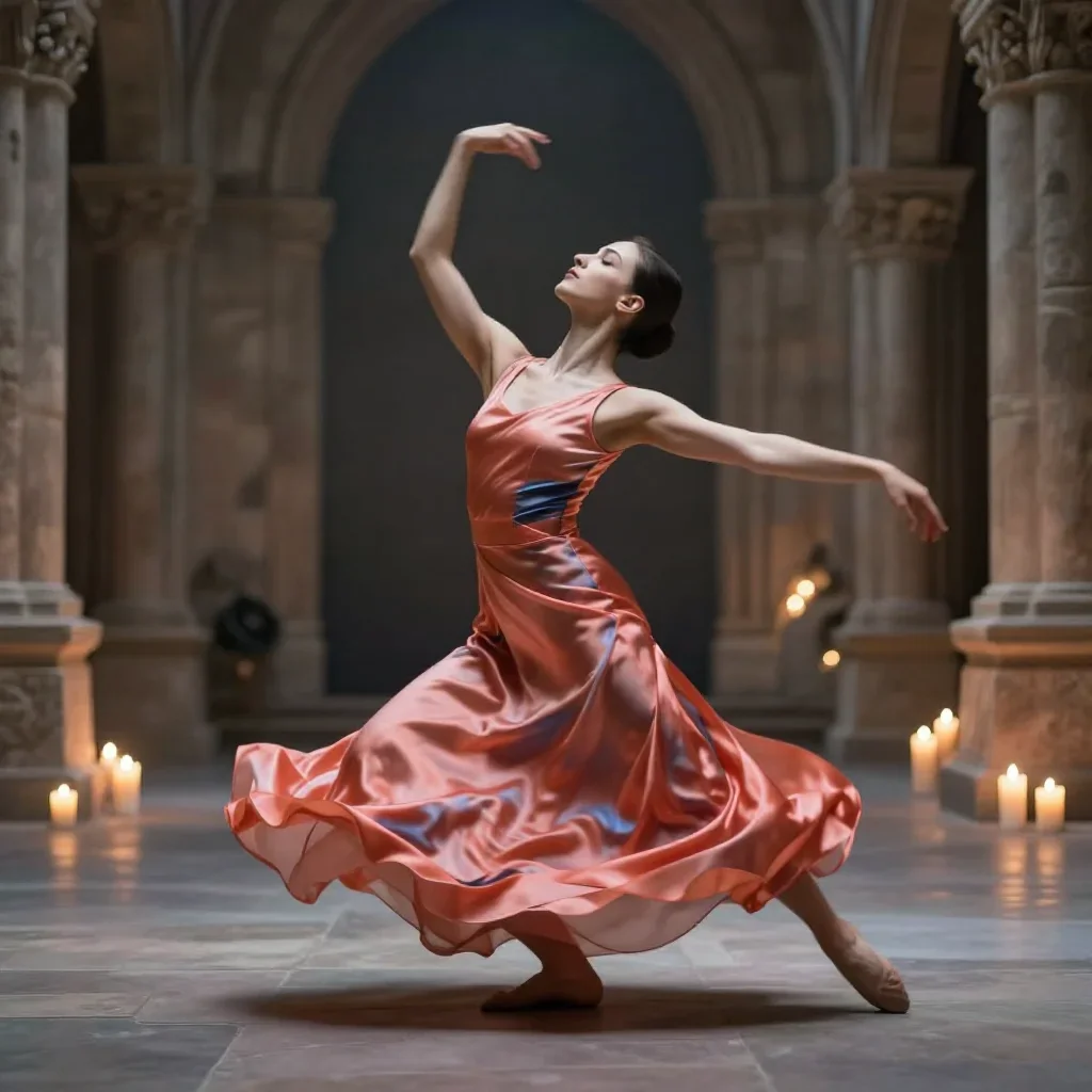 a dancer mid-spin in a silk maxi dress in a low lunge with a lifted chin, in a candle-lit cathedral ruin, futuristic spe