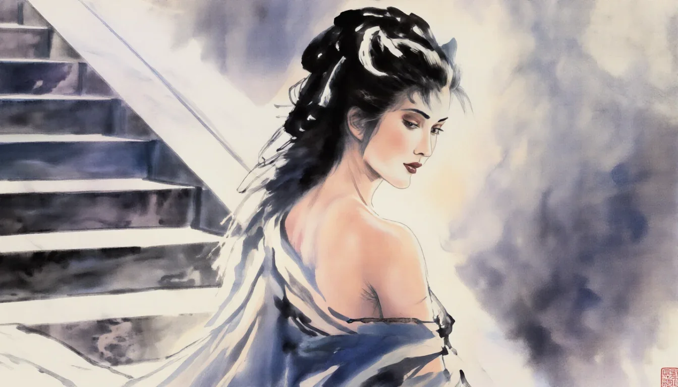 a spectral fox-spirit woman in an ink wash in an alluring over-the-shoulder glance, on a marble staircase at dawn, dream