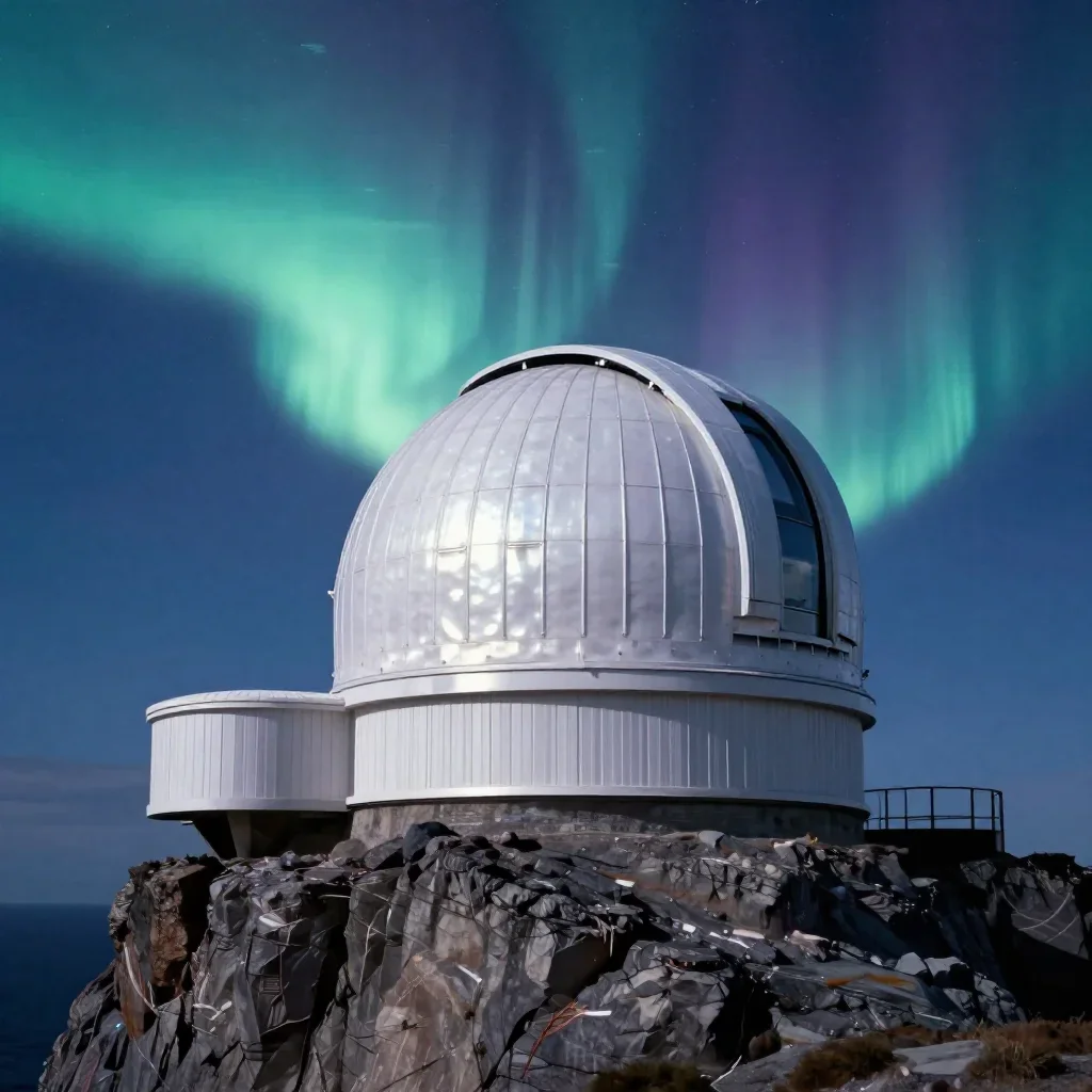 a cliffside observatory beneath an aurora, cinematic architectural photography, crisp material detail, indigo and pearl 