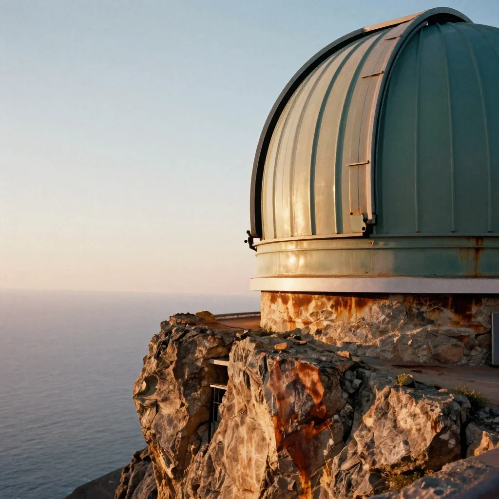 a cliffside observatory during golden hour, soft-grain analog film photography, gentle reflected light, rust and sage pa