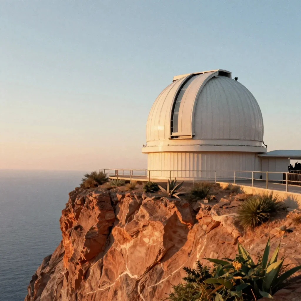 a cliffside observatory during golden hour, contemporary botanical illustration, subtle film grain, terracotta and pale