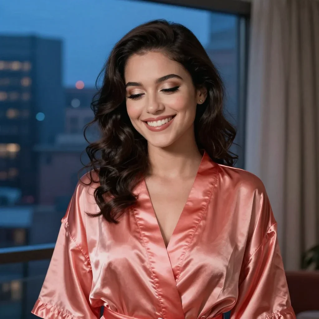 a smiley lounge singer in a satin robe in a coy glance from under lowered lashes, in a blue-hour city apartment, mytholo