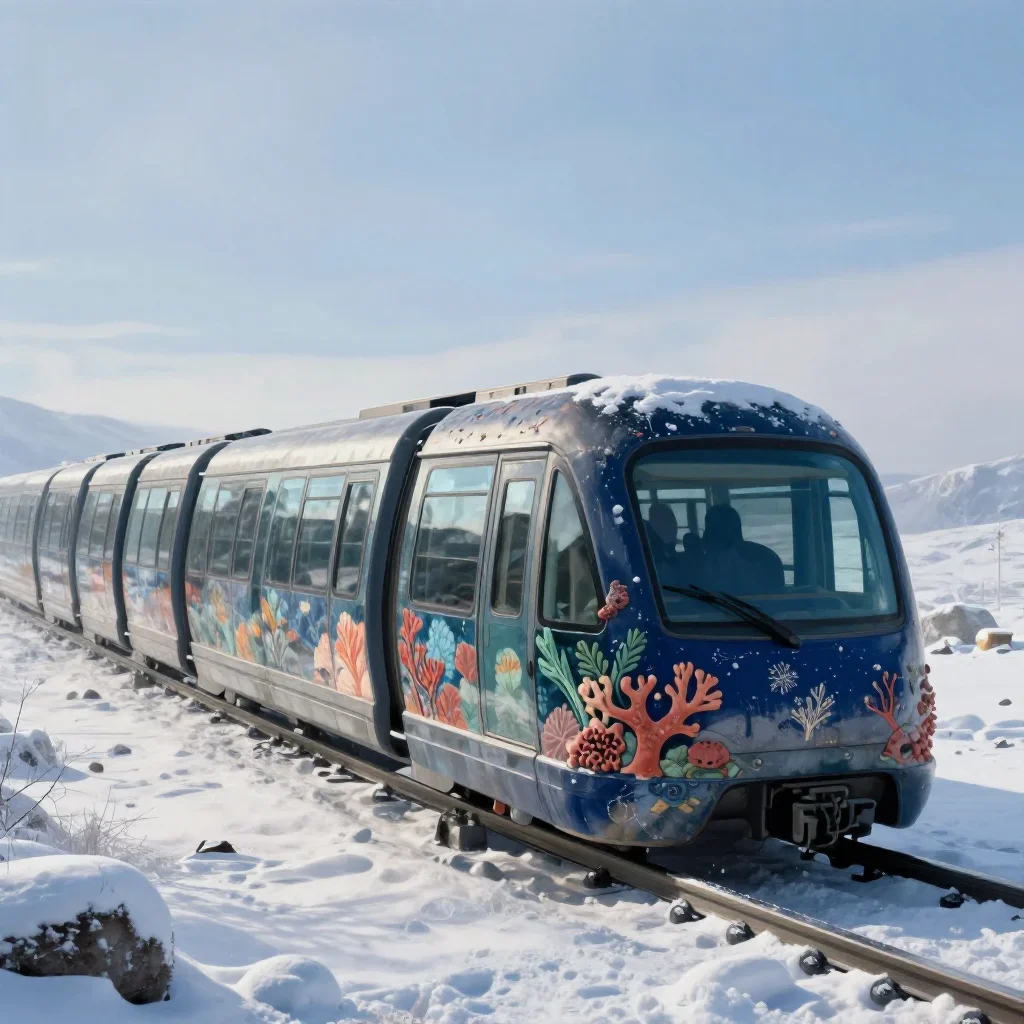 a glass monorail in crisp winter sunlight, quiet science-fiction concept art, weathered tactile surfaces, coral and midn