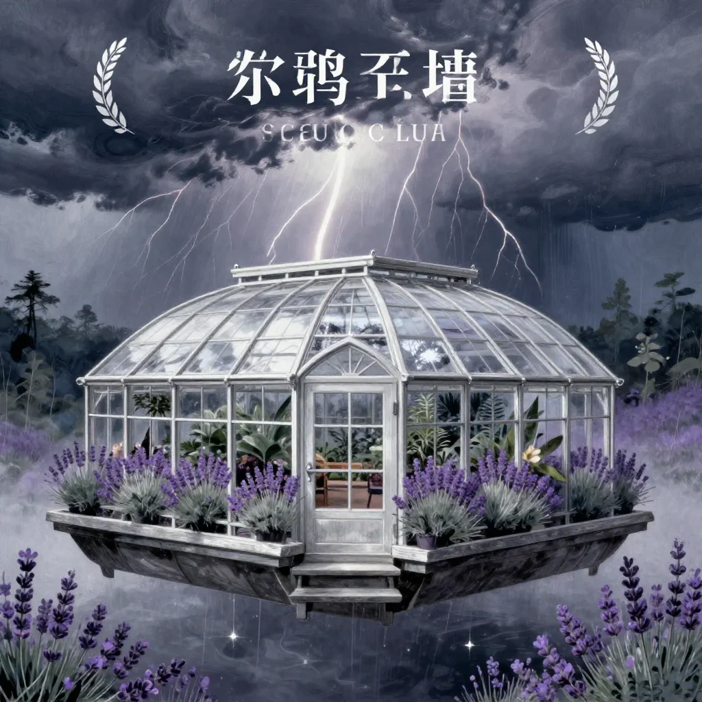 a floating botanical conservatory after a distant thunderstorm, Japanese woodblock-inspired editorial art, atmospheric d