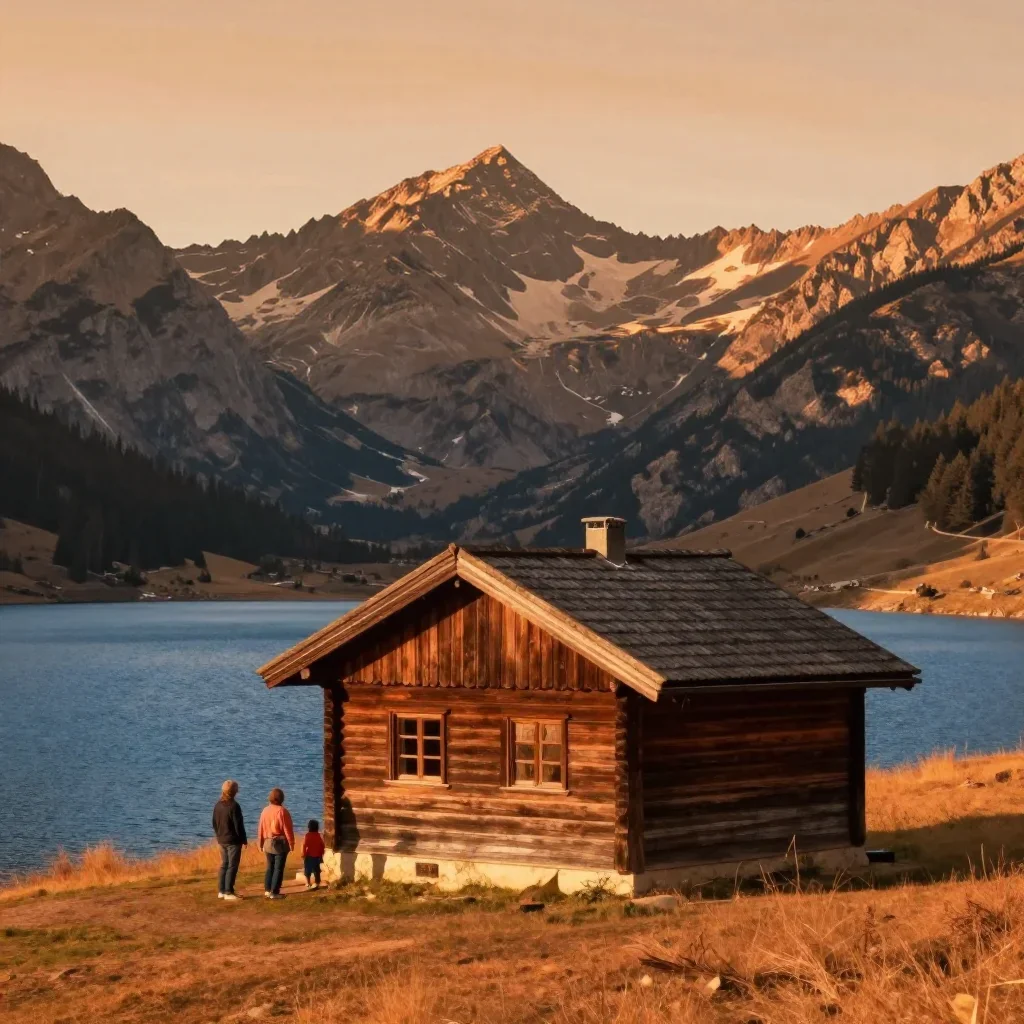 a cedar cabin beside an alpine lake during golden hour, dreamlike fine-art landscape photography, restrained color harmo