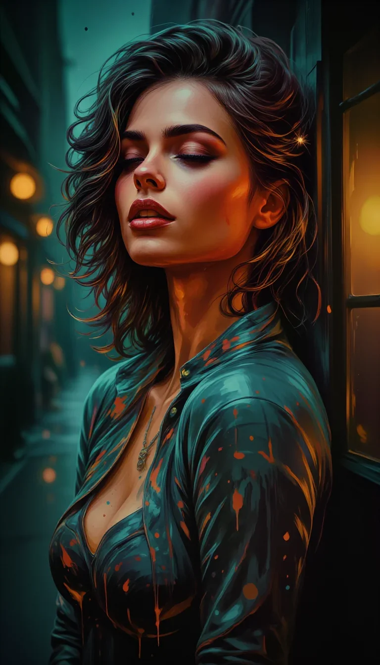a striking woman with a smoldering over-the-shoulder gaze in a deep breath with eyes closed, in a rain-slick neon alley,