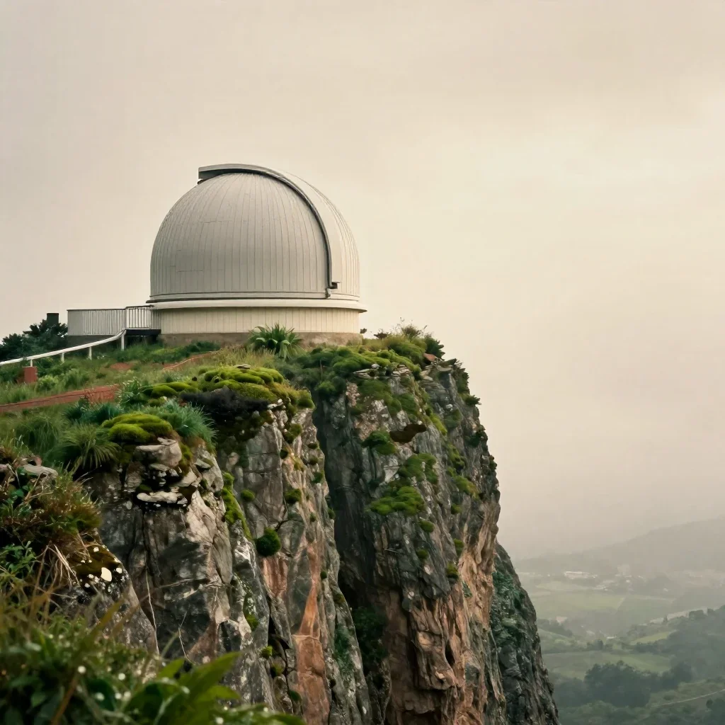 a cliffside observatory after warm summer rain, dreamlike fine-art landscape photography, subtle film grain, moss green 