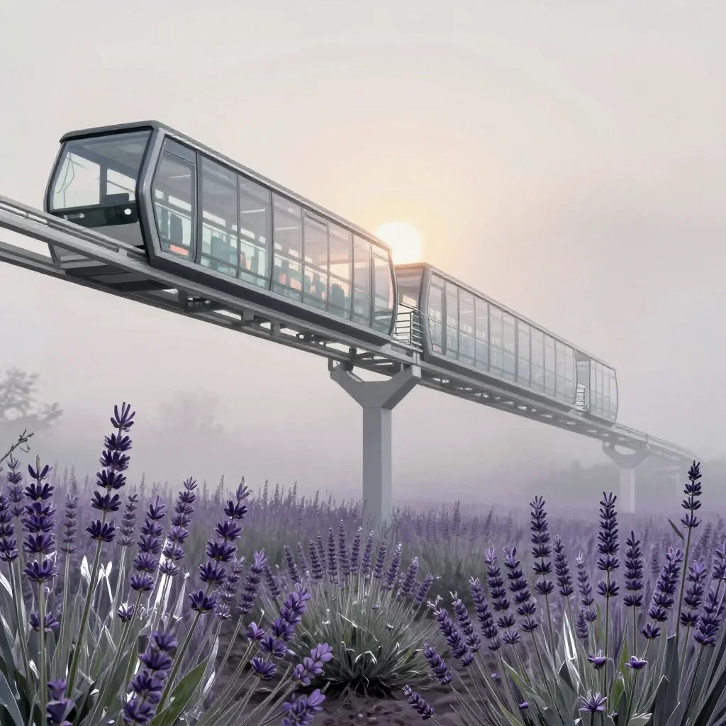 a glass monorail under soft dawn fog, contemporary botanical illustration, careful geometric composition, lavender and s