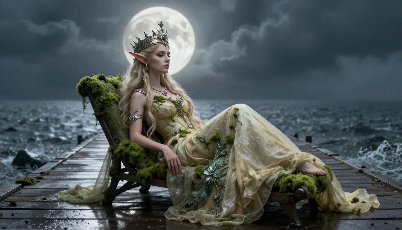 an elven queen in a moonlit silver crown reclining elegantly on a chaise, on a storm-washed boardwalk, mythology-inspire