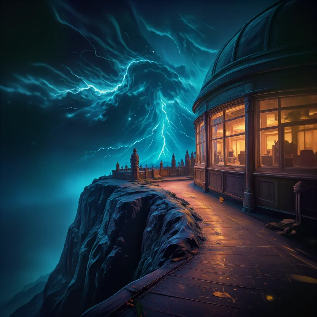 a cliffside observatory after a distant thunderstorm, museum-quality still-life photography, restrained color harmony, c