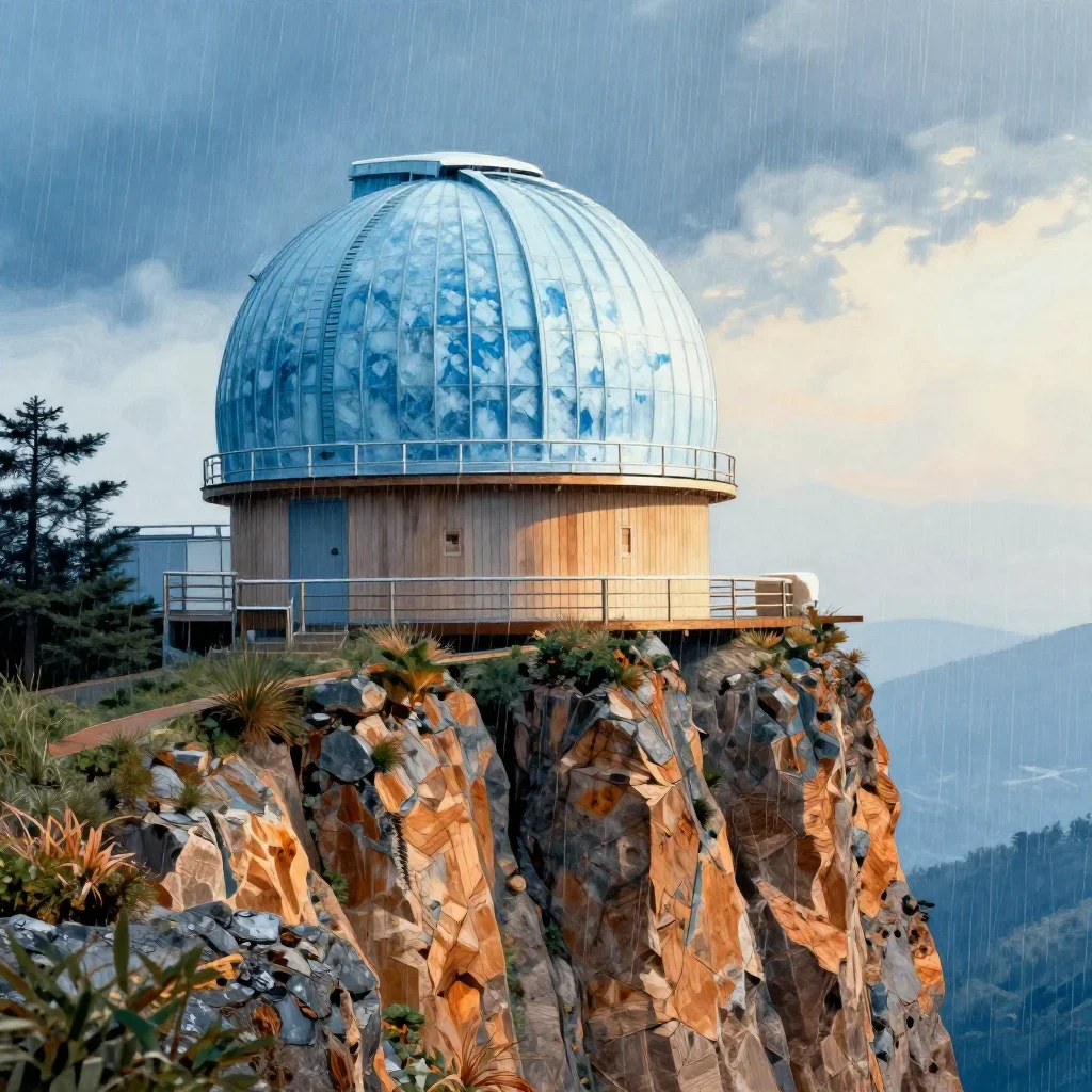 a cliffside observatory after warm summer rain, Japanese woodblock-inspired editorial art, crisp material detail, ice bl