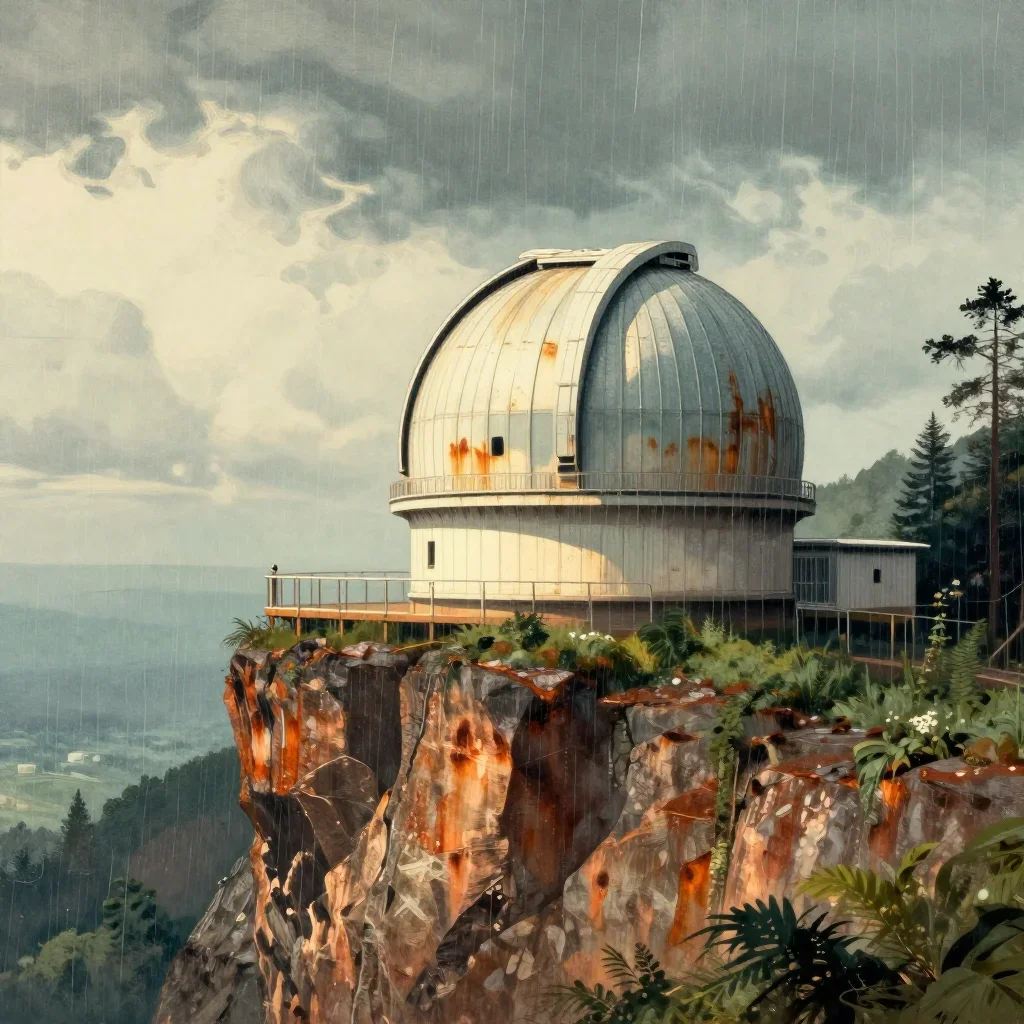 a cliffside observatory after warm summer rain, Japanese woodblock-inspired editorial art, subtle film grain, rust and s