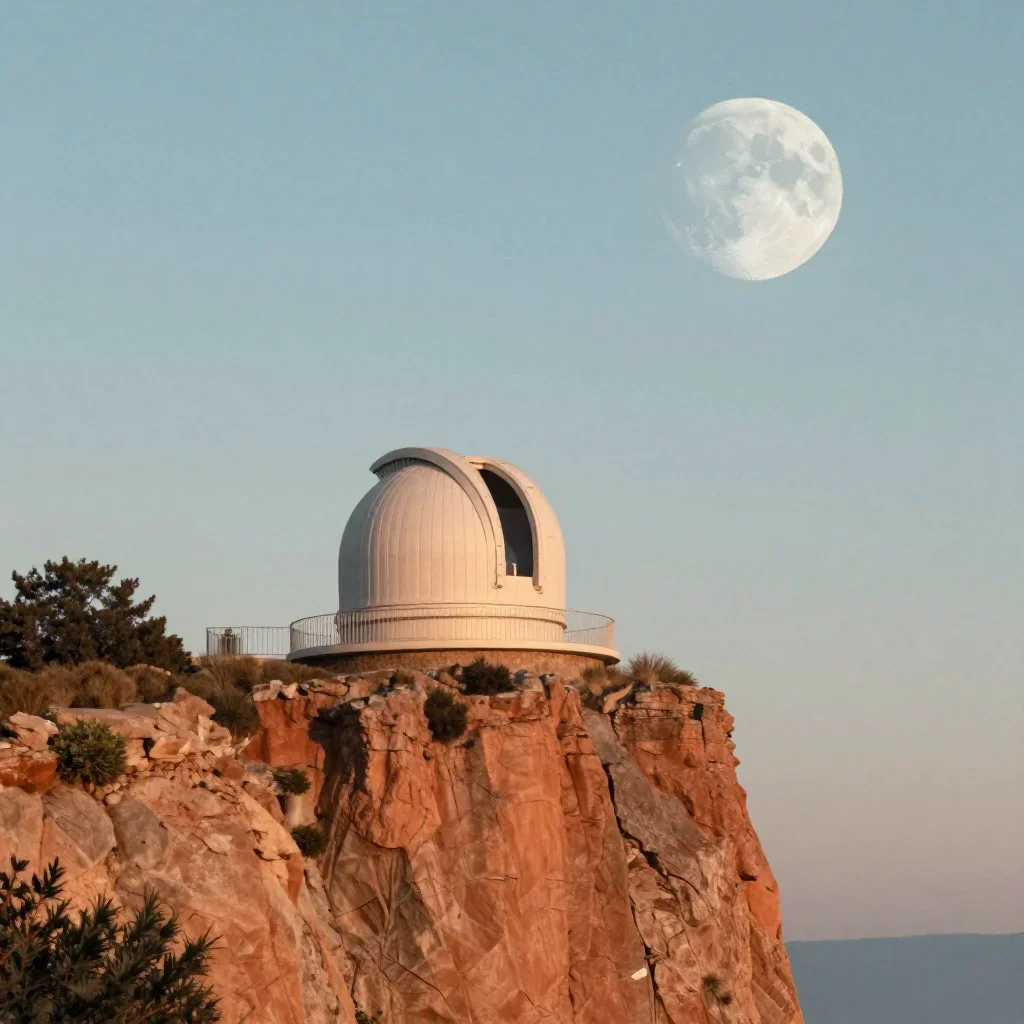 a cliffside observatory at moonrise, contemporary botanical illustration, subtle film grain, terracotta and pale sky blu