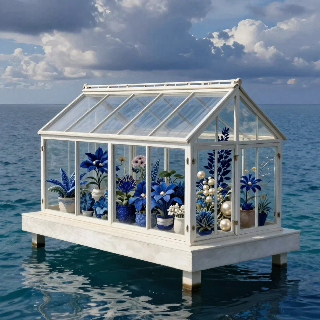 a floating botanical conservatory in a gentle sea breeze, museum-quality still-life photography, clean natural textures,