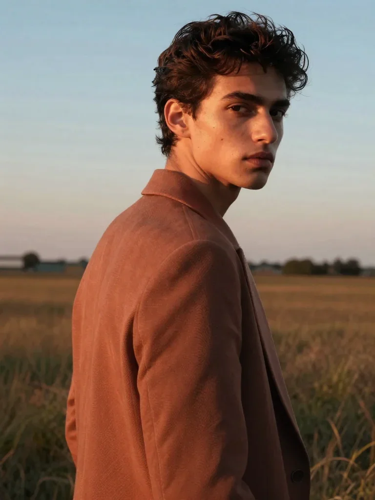 an androgynous model in a sharply tailored suit in an alluring over-the-shoulder glance, in a backlit golden-hour field,