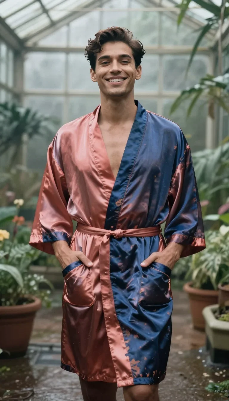 a smiley lounge singer in a satin robe standing tall with hands in pockets, in a greenhouse humid with mist, soft-grain 