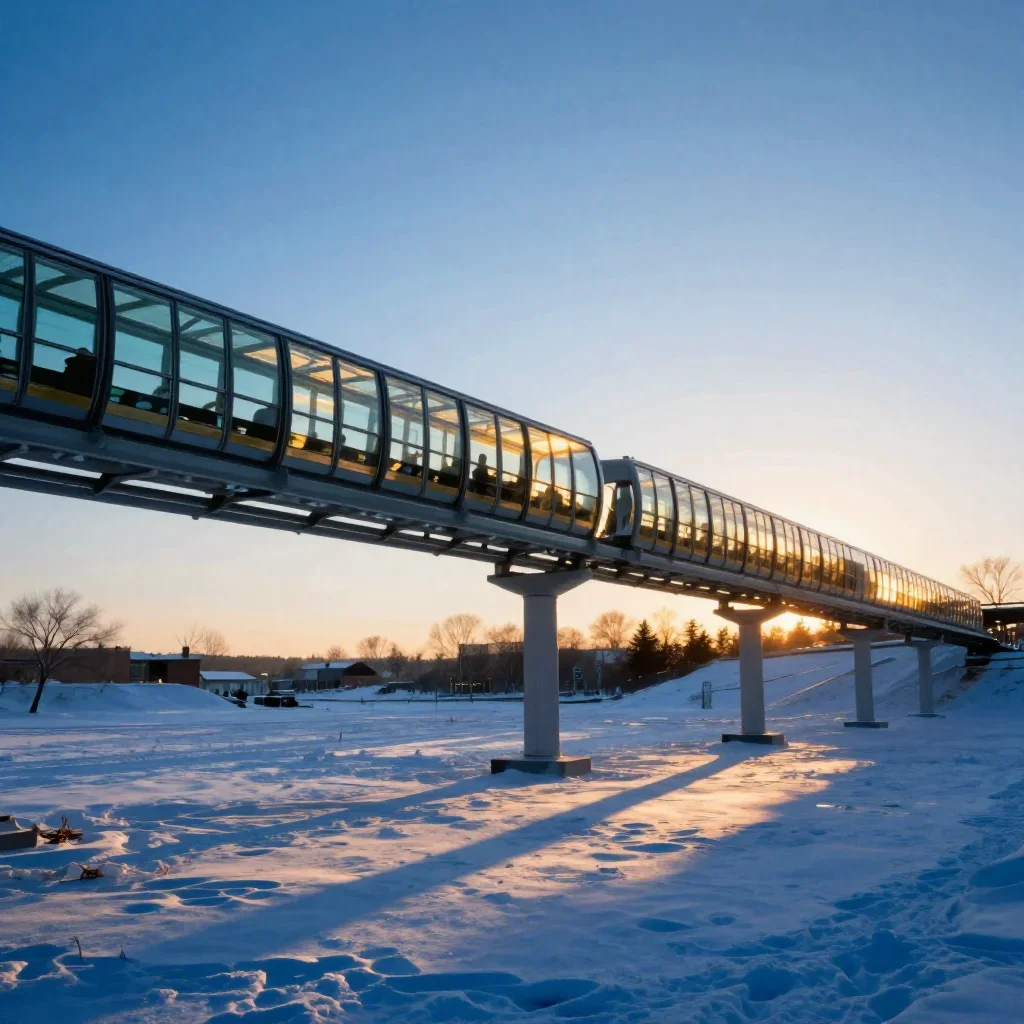 a glass monorail in crisp winter sunlight, museum-quality still-life photography, calm negative space, cobalt and amber 
