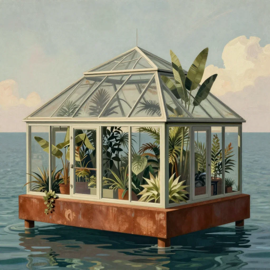 a floating botanical conservatory in a gentle sea breeze, contemporary botanical illustration, careful geometric composi