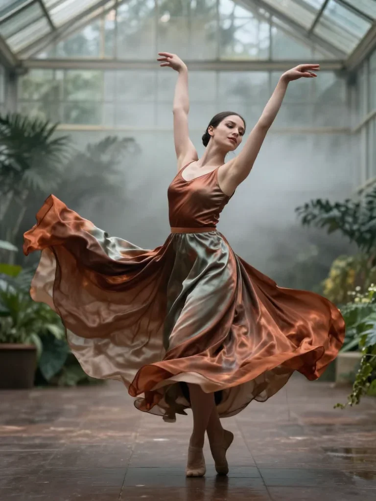 a dancer mid-spin in a silk maxi dress mid-turn with fabric catching the light, in a greenhouse humid with mist, Nationa