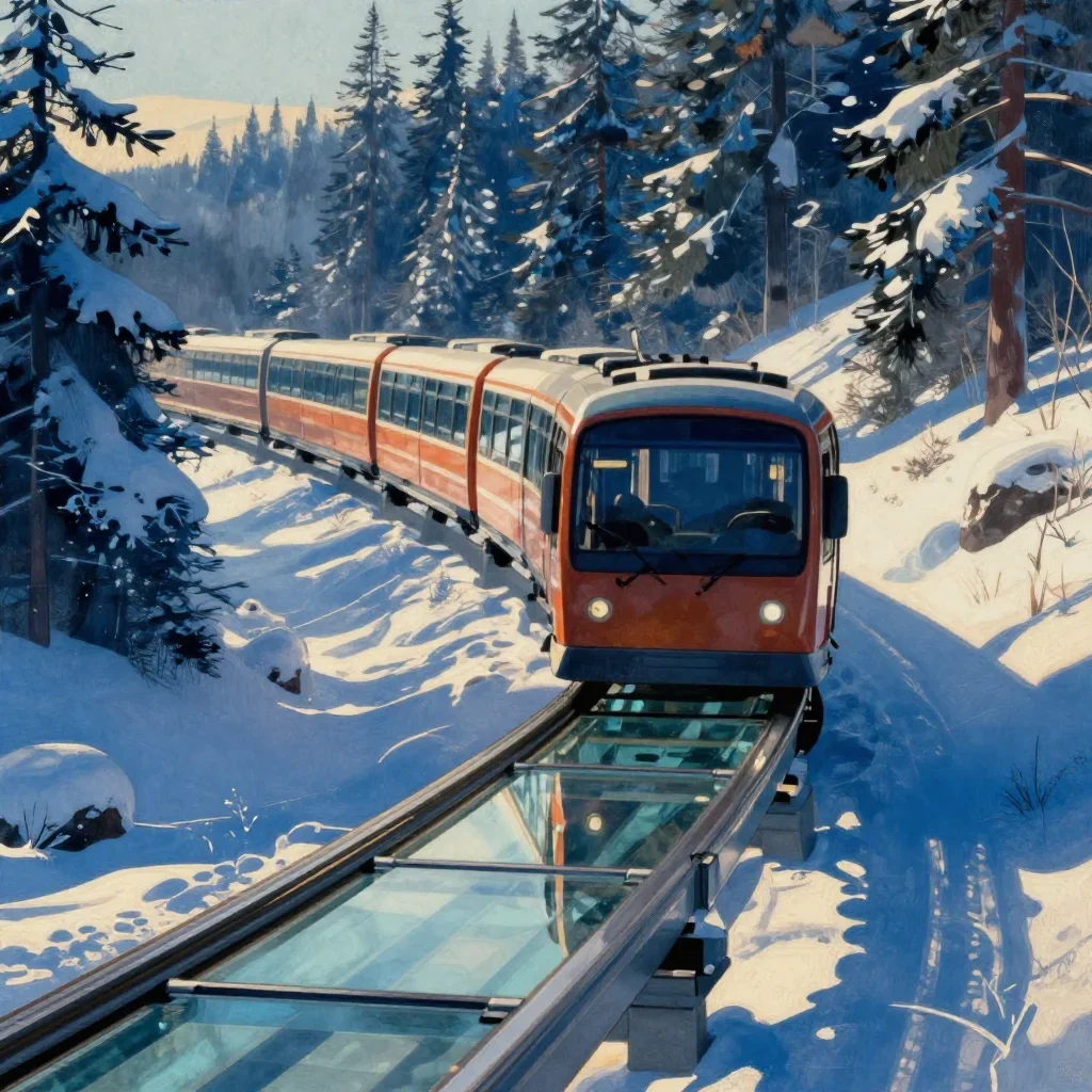 a glass monorail in crisp winter sunlight, Japanese woodblock-inspired editorial art, atmospheric depth, cobalt and ambe