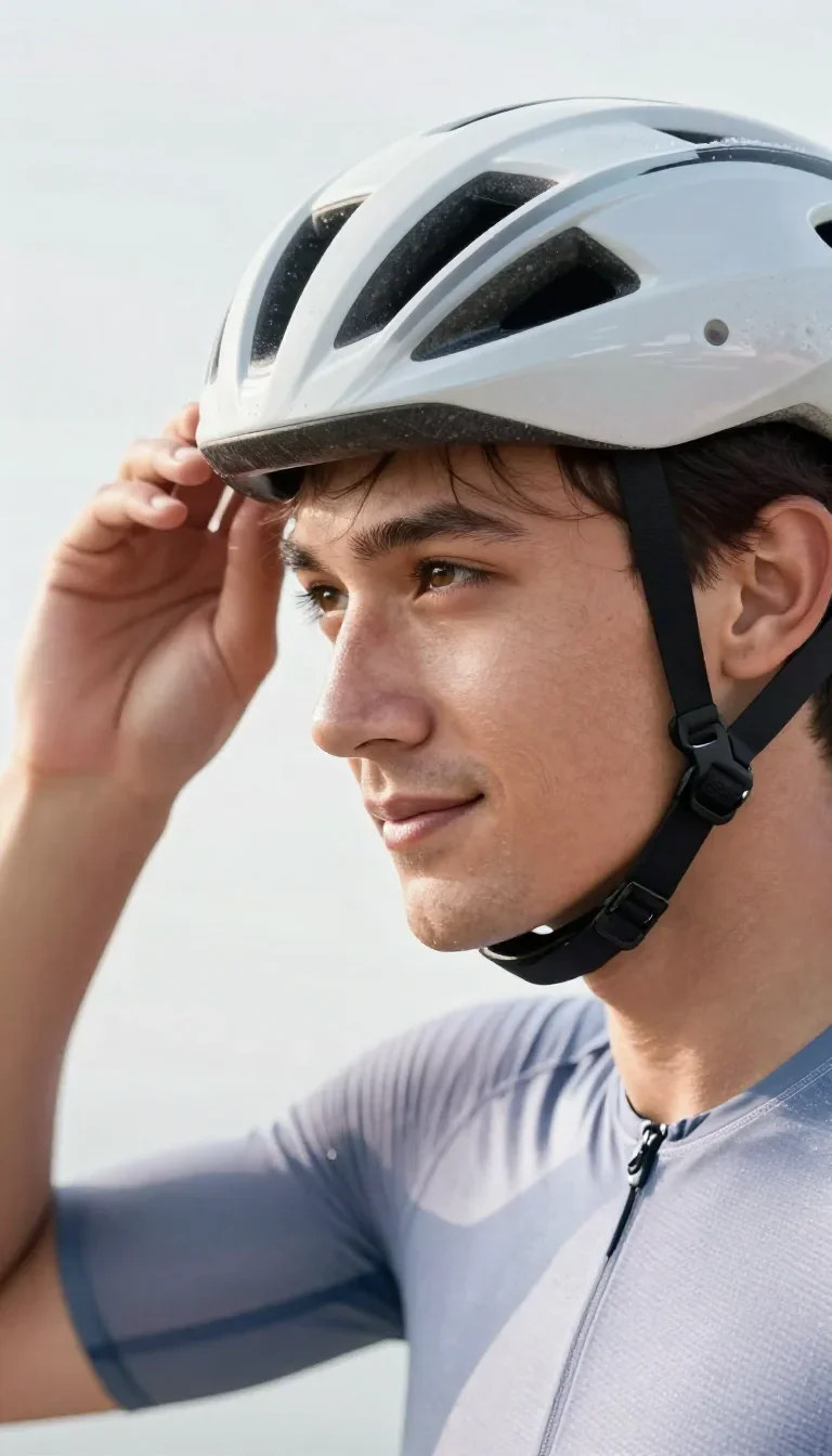 a rider removing a helmet, flushed and windblown in a coy glance from under lowered lashes, in a backlit golden-hour fie
