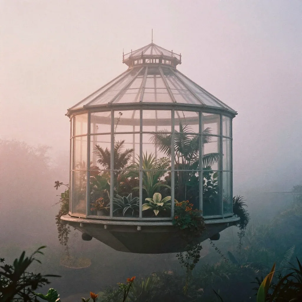 a floating botanical conservatory under soft dawn fog, soft-grain analog film photography, soft volumetric light, ochre