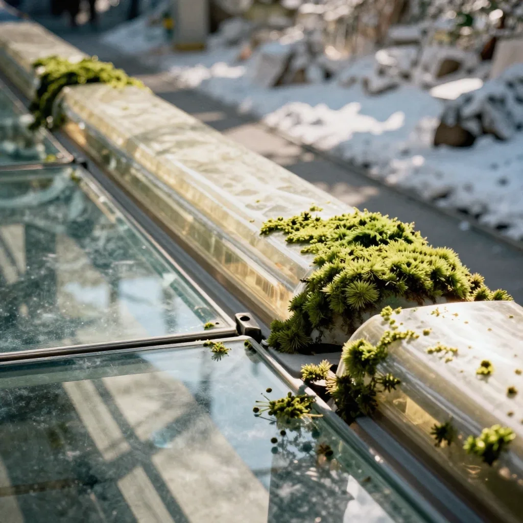 a glass monorail in crisp winter sunlight, museum-quality still-life photography, subtle film grain, moss green and crea