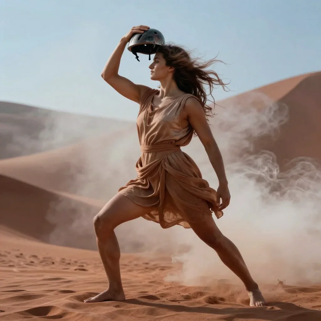 a rider removing a helmet, flushed and windblown in a graceful contrapposto pose, in a smoke-lit photo studio, mythology