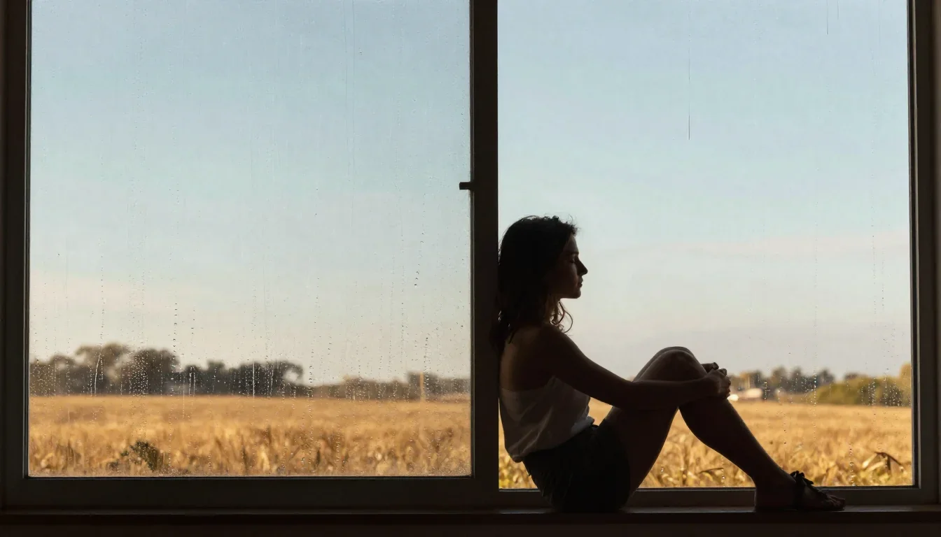 a lover leaning against rain-streaked glass in a seated silhouette against a window, in a backlit golden-hour field, edi