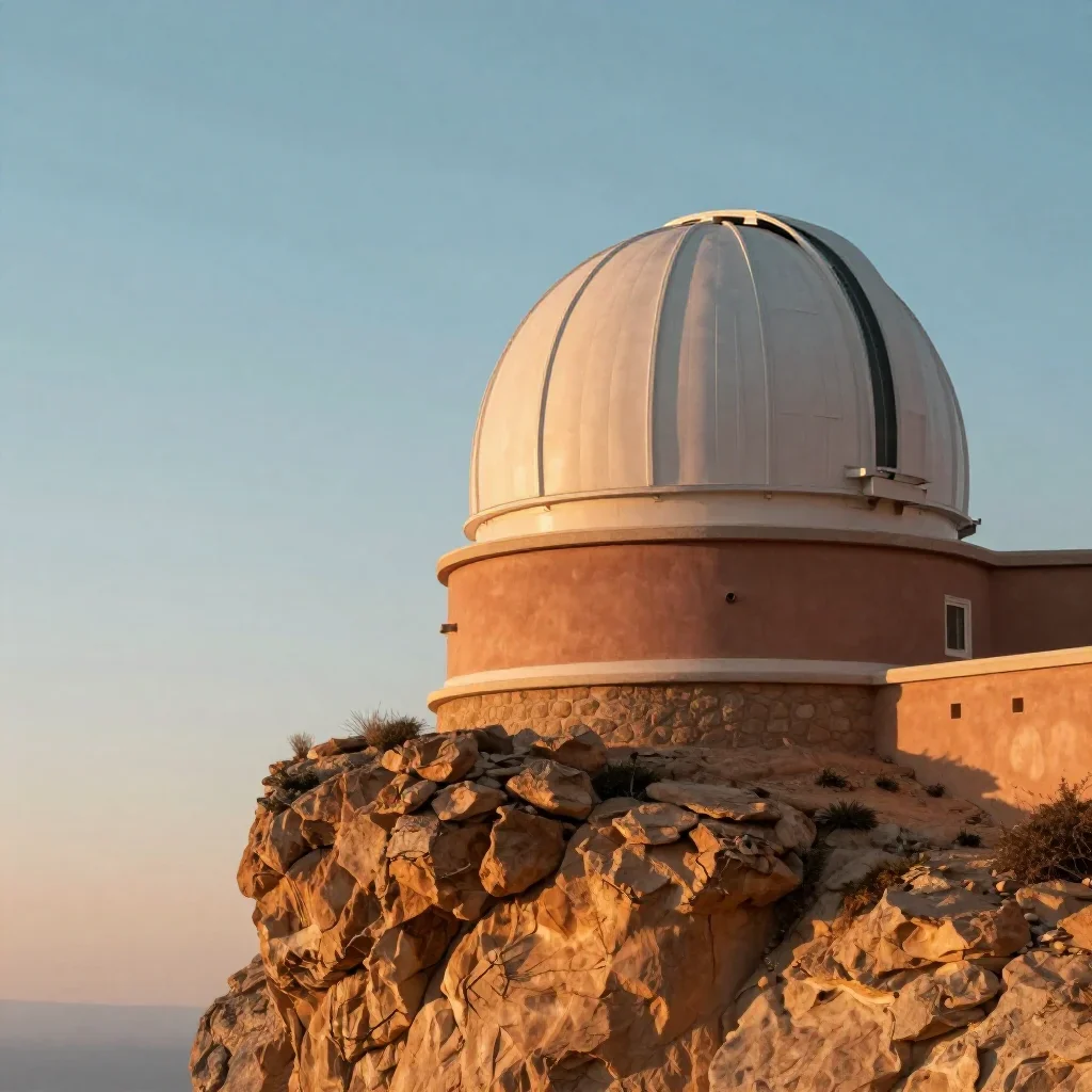 a cliffside observatory during golden hour, cinematic architectural photography, clean natural textures, terracotta and 
