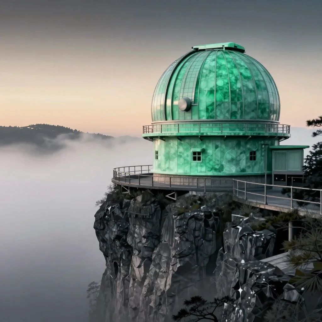 a cliffside observatory under soft dawn fog, Japanese woodblock-inspired editorial art, crisp material detail, jade and 