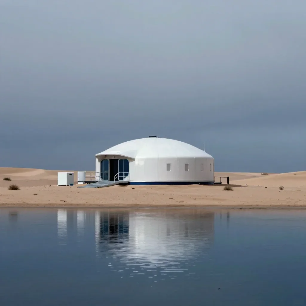a desert research station under overcast coastal light, quiet science-fiction concept art, gentle reflected light, indig