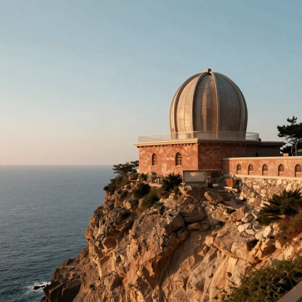 a cliffside observatory in a gentle sea breeze, refined editorial travel photography, atmospheric depth, terracotta and 