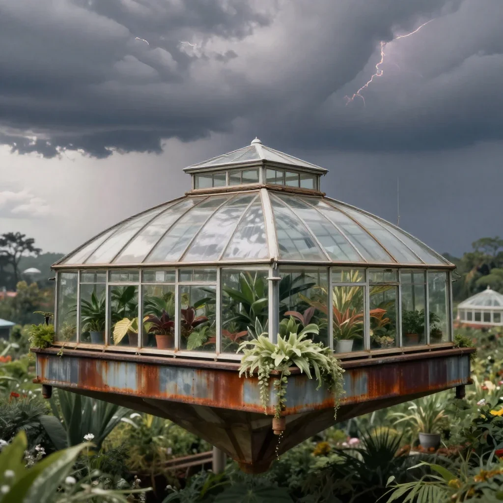 a floating botanical conservatory after a distant thunderstorm, dreamlike fine-art landscape photography, atmospheric de