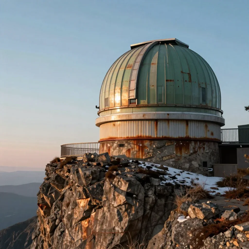 a cliffside observatory in crisp winter sunlight, cinematic architectural photography, gentle reflected light, rust and