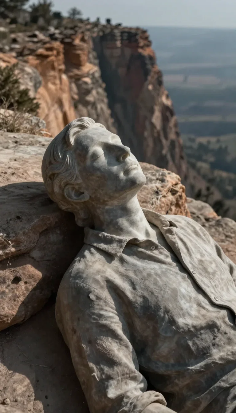 a sculptor at rest in a linen shirt, dust-hazed in a deep breath with eyes closed, on a sun-drenched cliffside, National
