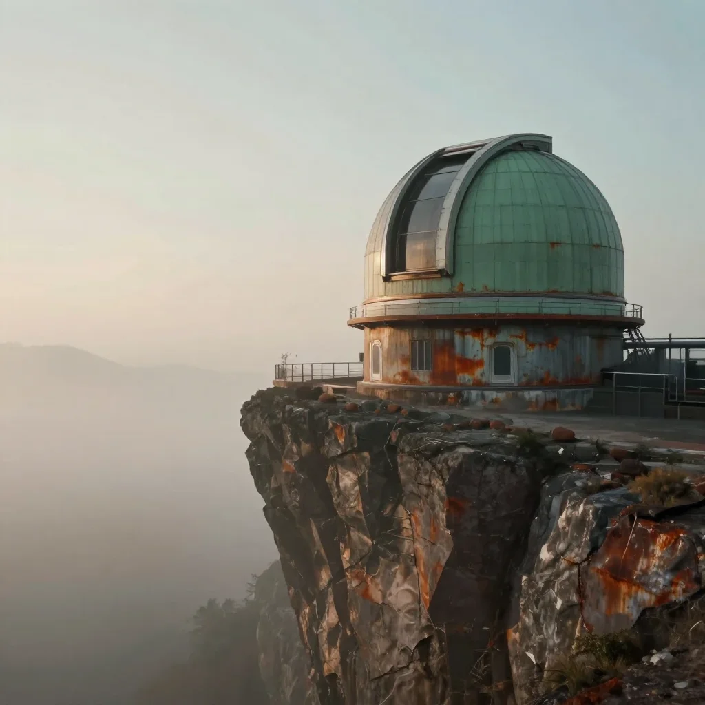 a cliffside observatory under soft dawn fog, quiet science-fiction concept art, atmospheric depth, rust and sage palette