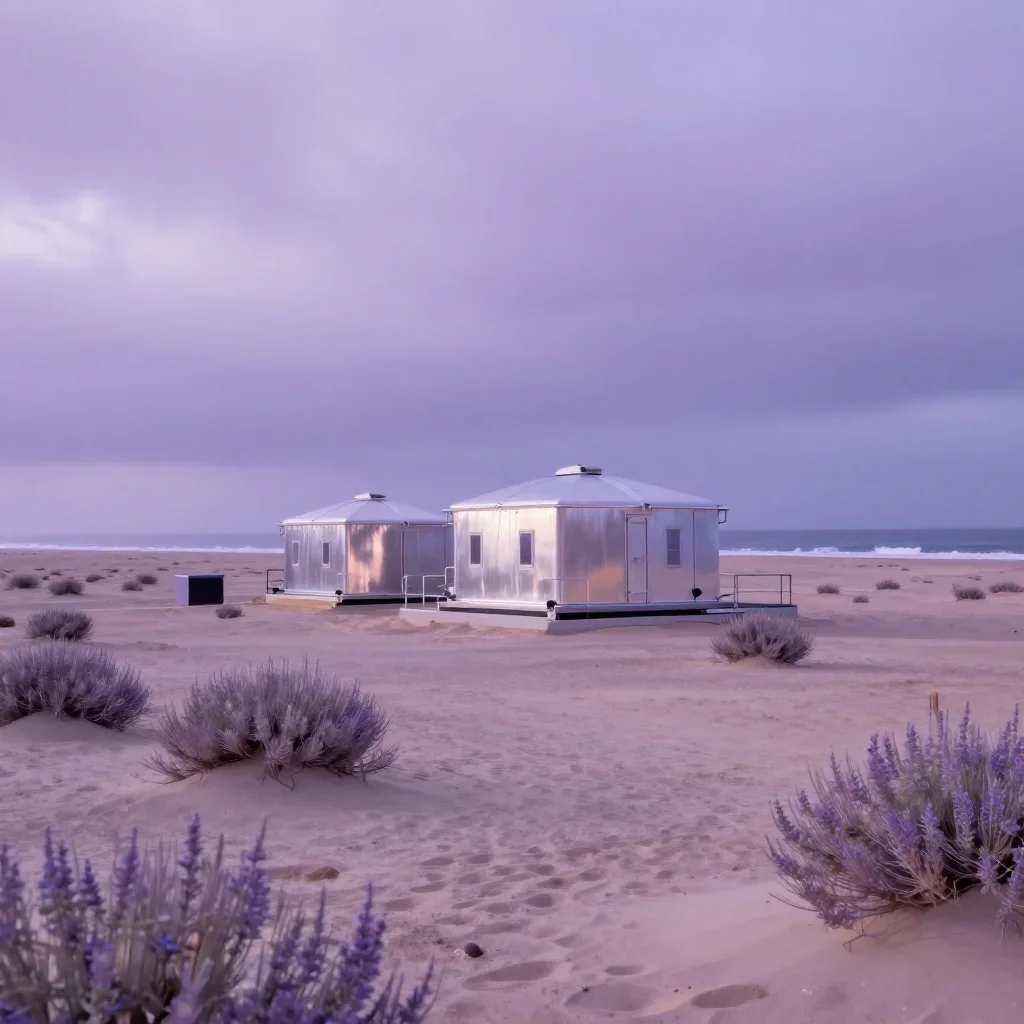 a desert research station under overcast coastal light, dreamlike fine-art landscape photography, gentle reflected light