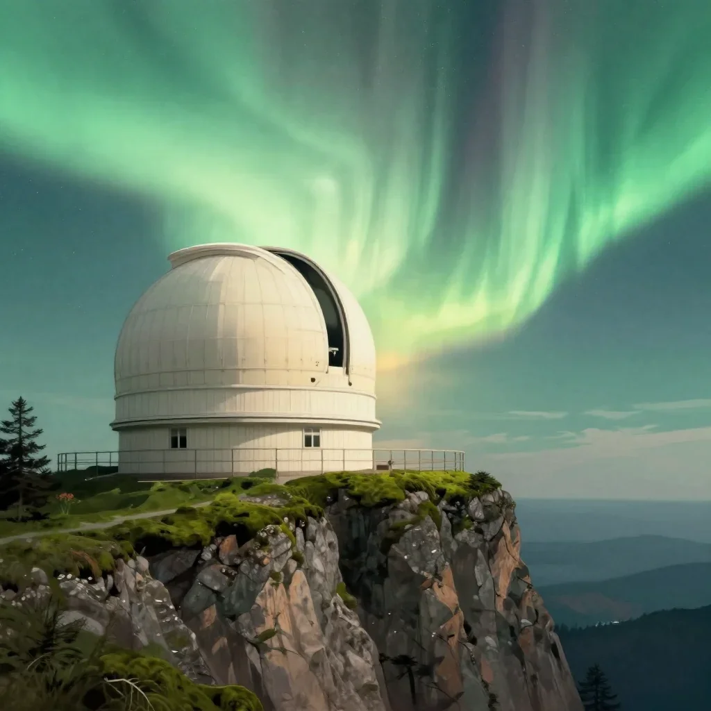 a cliffside observatory beneath an aurora, Japanese woodblock-inspired editorial art, gentle reflected light, moss green