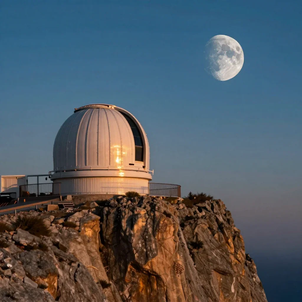 a cliffside observatory at moonrise, refined editorial travel photography, gentle reflected light, cobalt and amber pale