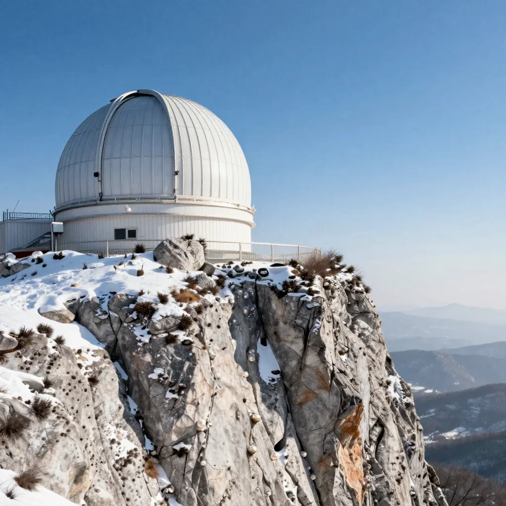 a cliffside observatory in crisp winter sunlight, refined editorial travel photography, clean natural textures, indigo a