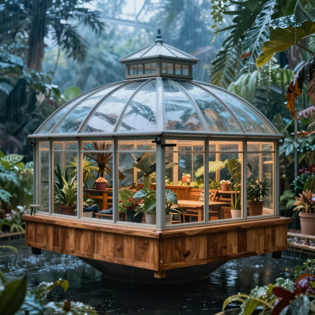 a floating botanical conservatory after warm summer rain, refined editorial travel photography, atmospheric depth, ice b