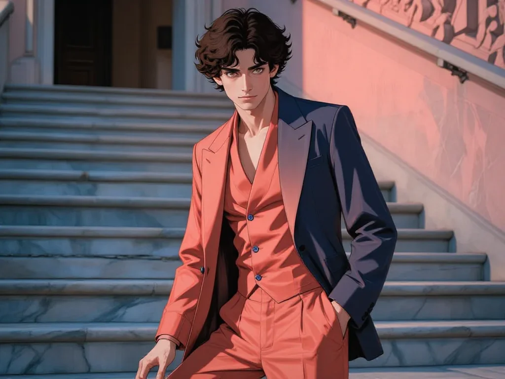 an androgynous model in a sharply tailored suit in a graceful contrapposto pose, on a marble staircase at dawn, Renaissa