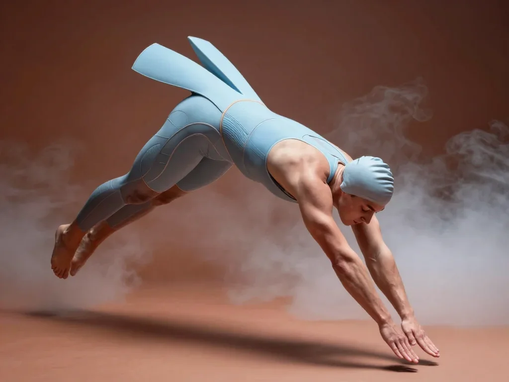 a swimmer before the plunge in a racing suit in a deep breath with eyes closed, in a smoke-lit photo studio, futuristic
