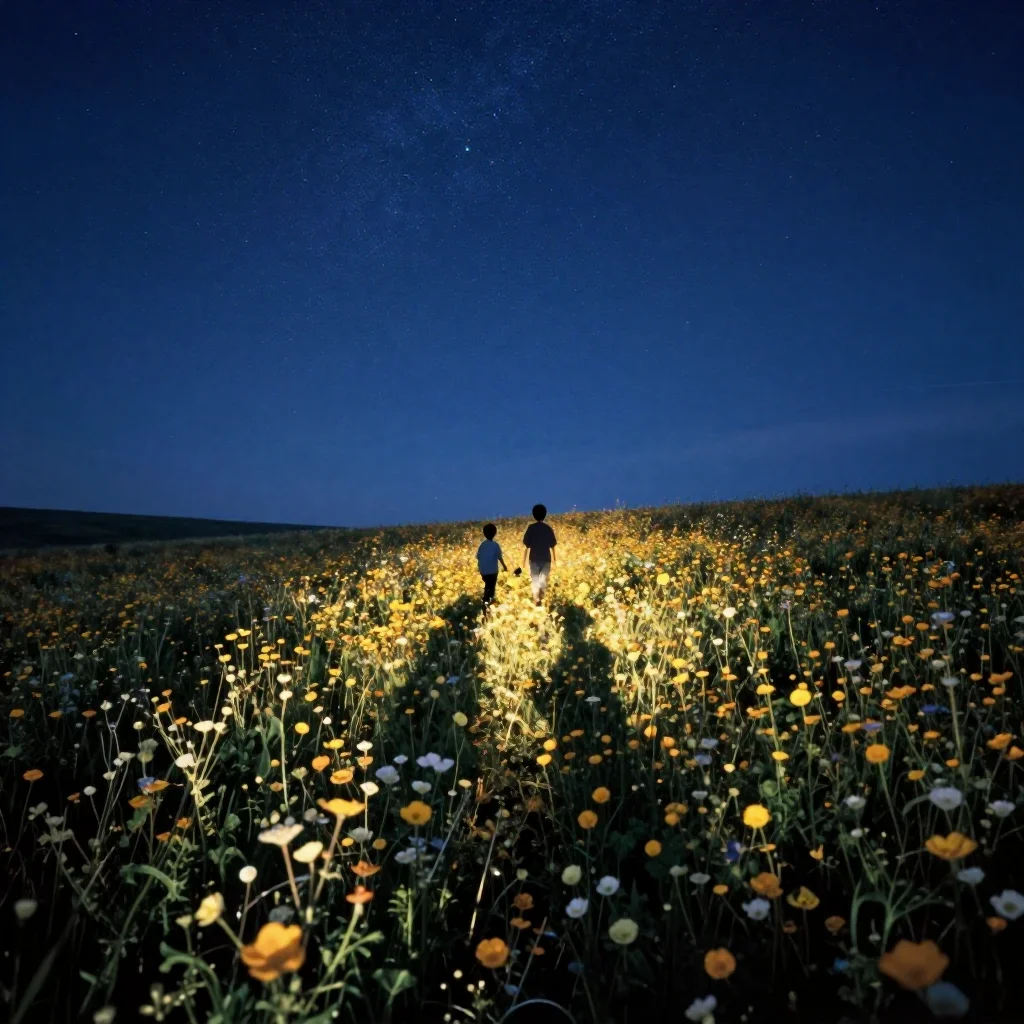 a field of giant wildflowers beneath a star-filled sky, quiet science-fiction concept art, clean natural textures, cobal