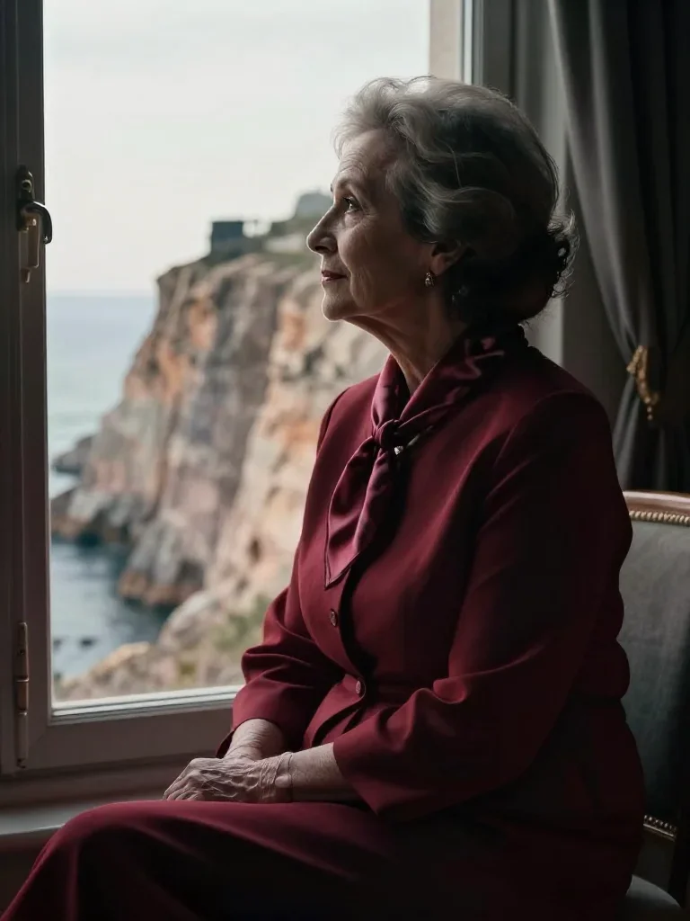 an elegant older stateswoman in a silk scarf in a seated silhouette against a window, on a sun-drenched cliffside, neo-n