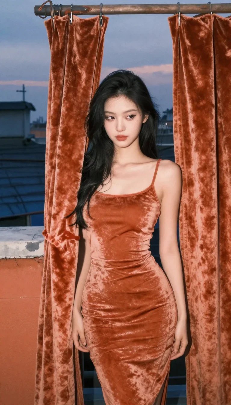 a muse on a rooftop at dusk in a body-con dress in a coy glance from under lowered lashes, in a velvet-curtained boudoir