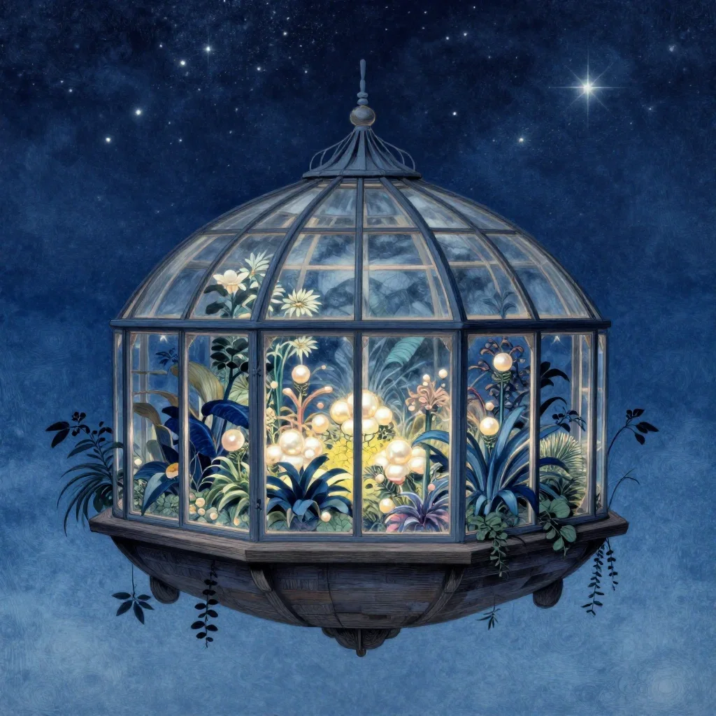 a floating botanical conservatory beneath a star-filled sky, Japanese woodblock-inspired editorial art, soft volumetric