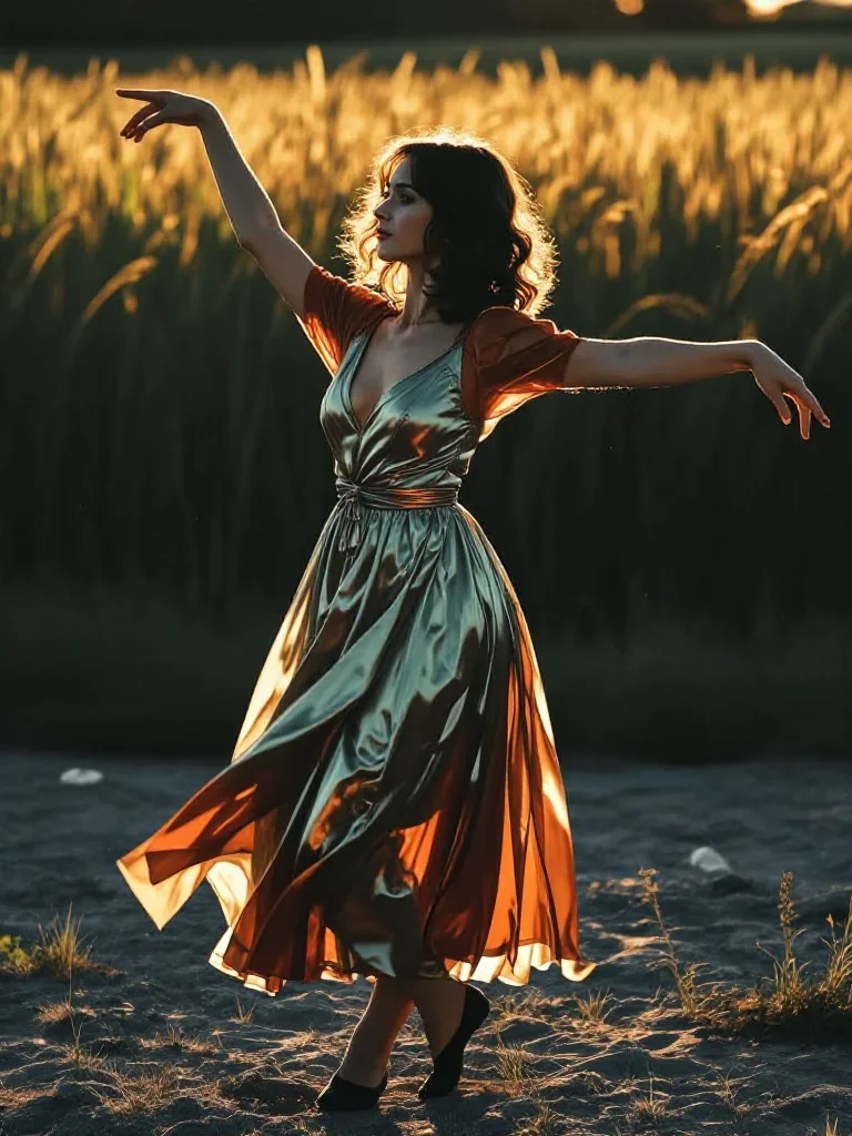 a dancer mid-spin in a silk maxi dress in a bold, open-armed welcome, in a backlit golden-hour field, moody Fujifilm str