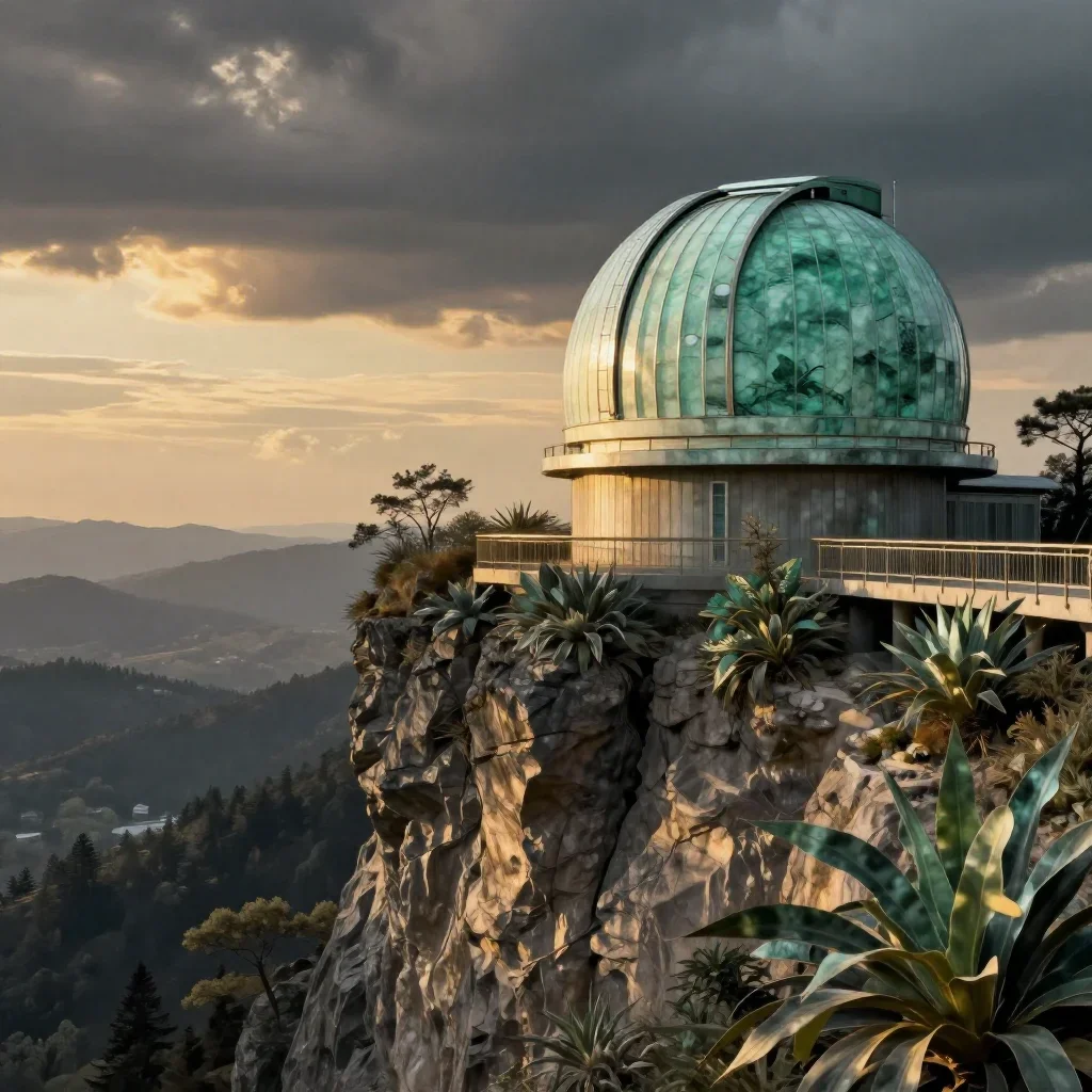 a cliffside observatory during golden hour, contemporary botanical illustration, atmospheric depth, jade and charcoal pa